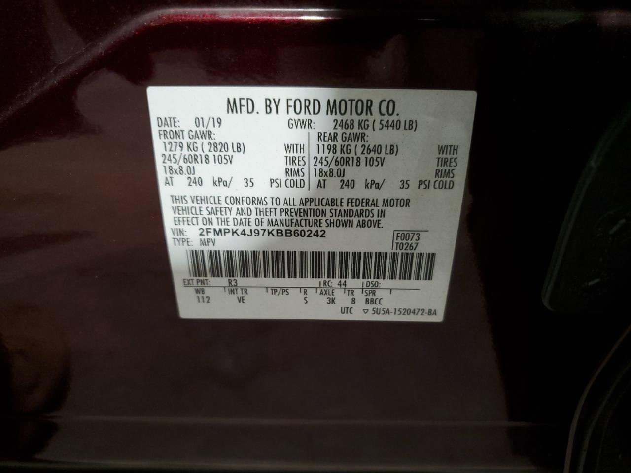 2019 Ford Edge Sel VIN: 2FMPK4J97KBB60242 Lot: 87231365