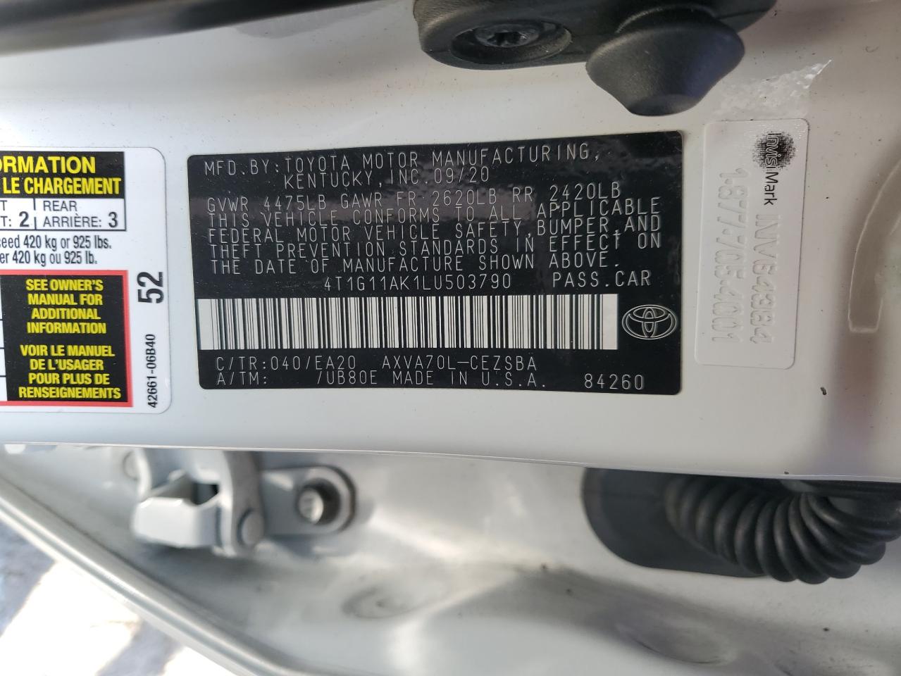 2020 Toyota Camry Se VIN: 4T1G11AK1LU503790 Lot: 85868315