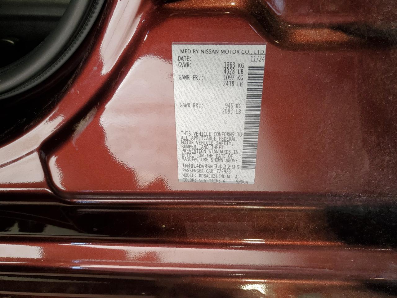 2025 Nissan Altima Sv VIN: 1N4BL4DV9SN342295 Lot: 85777615