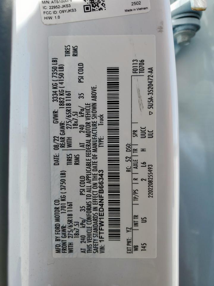 2022 Ford F150 Supercrew VIN: 1FTFW1ED4NFB66343 Lot: 82492435