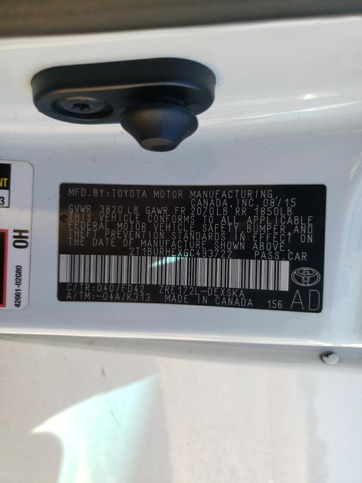 2016 Toyota Corolla L VIN: 2T1BURHEXGC493722 Lot: 85717905