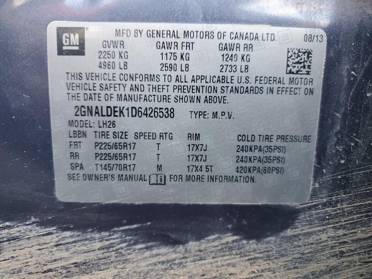 2013 Chevrolet Equinox Lt VIN: 2GNALDEK1D6426538 Lot: 83982795