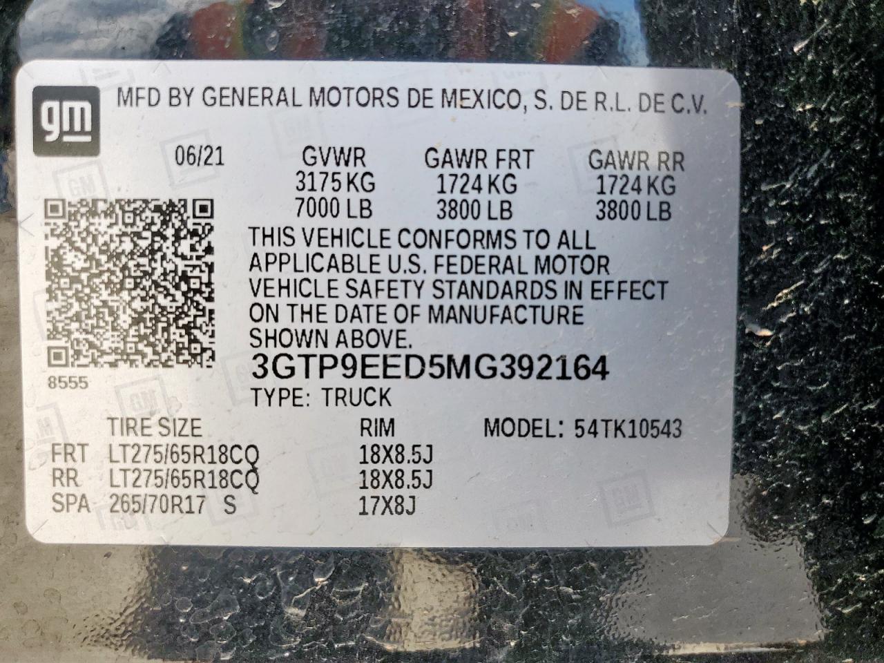 2021 GMC Sierra K1500 At4 VIN: 3GTP9EED5MG392164 Lot: 85712745