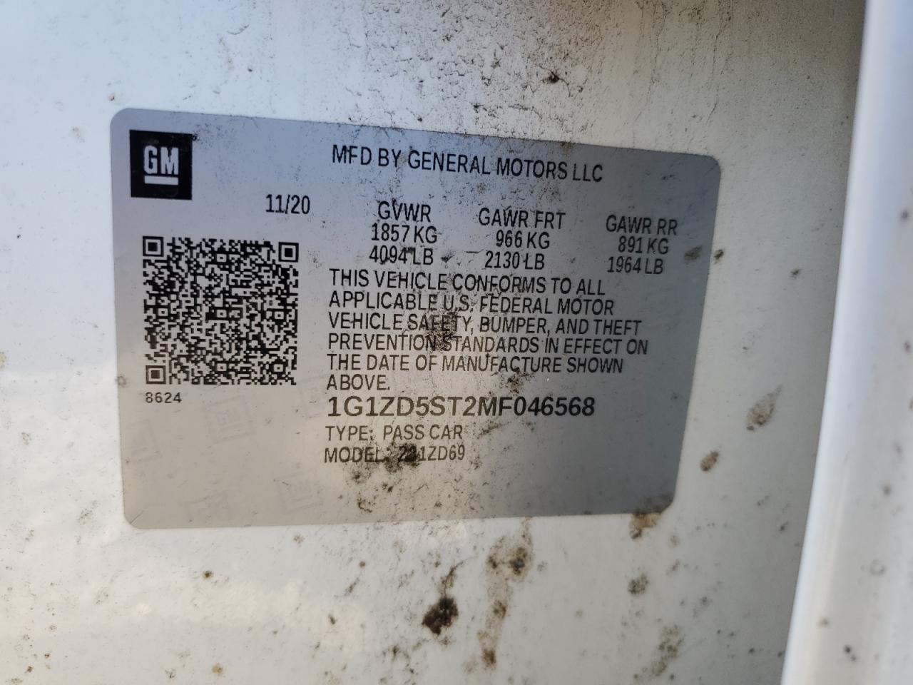 2021 Chevrolet Malibu Lt VIN: 1G1ZD5ST2MF046568 Lot: 86060225