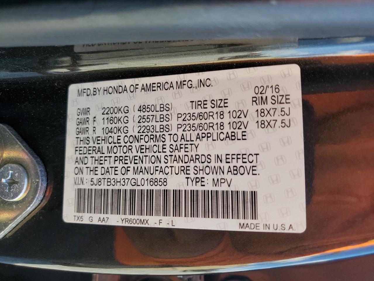 2016 Acura Rdx Acurawatch Plus Pkg VIN: 5J8TB3H37GL016858 Lot: 90019415