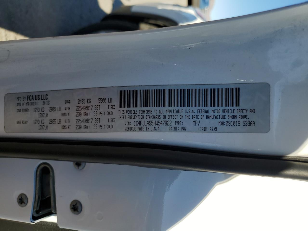 2017 Jeep Cherokee Sport VIN: 1C4PJLAS5HW547822 Lot: 89843445