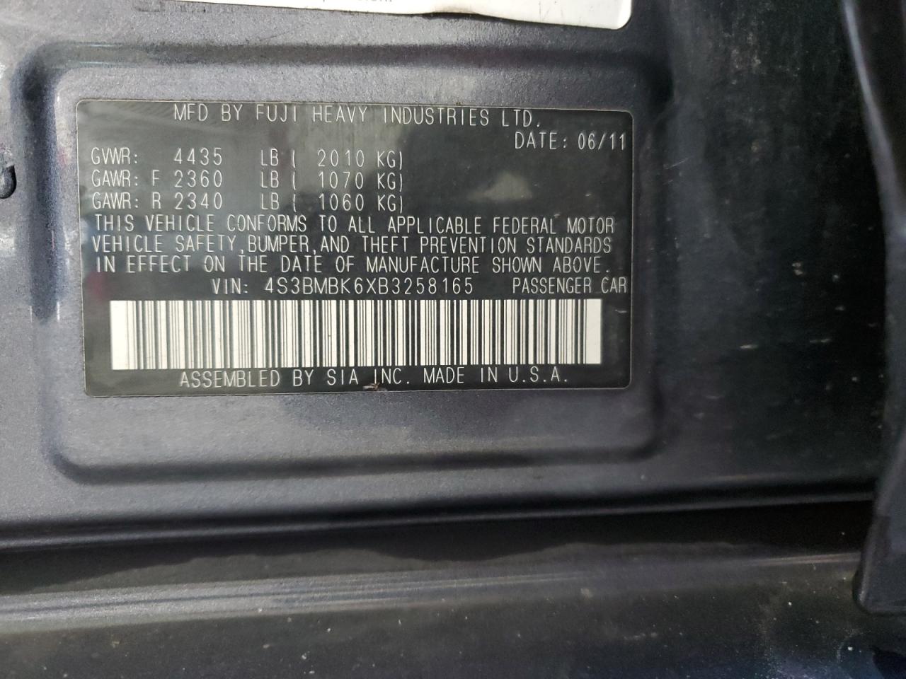 2011 Subaru Legacy 2.5I Limited VIN: 4S3BMBK6XB3258165 Lot: 84968635