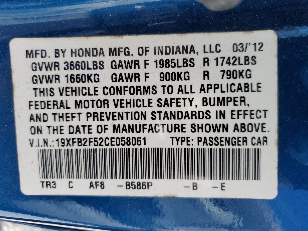 2012 Honda Civic Lx VIN: 19XFB2F52CE058061 Lot: 85746015