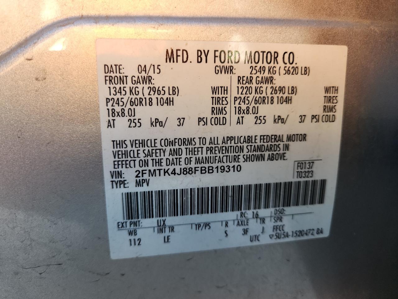 2015 Ford Edge Sel VIN: 2FMTK4J88FBB19310 Lot: 84815605