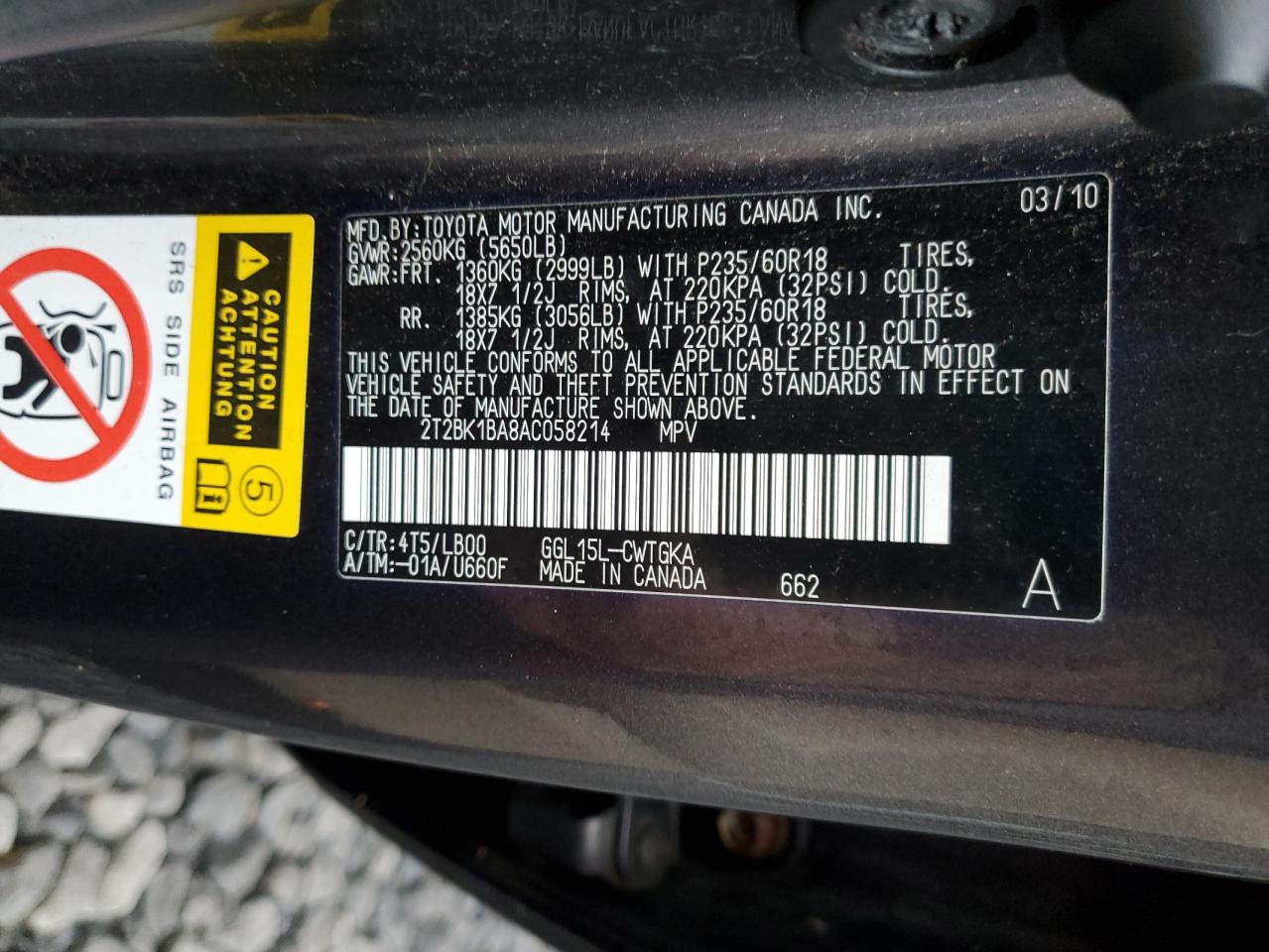 2010 Lexus Rx 350 VIN: 2T2BK1BA8AC058214 Lot: 82450075