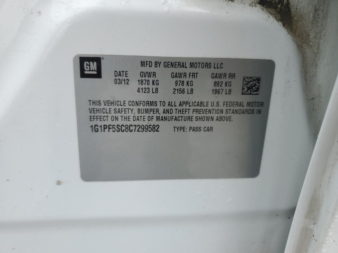 2012 Chevrolet Cruze Lt VIN: 1G1PF5SC8C7299582 Lot: 82270485