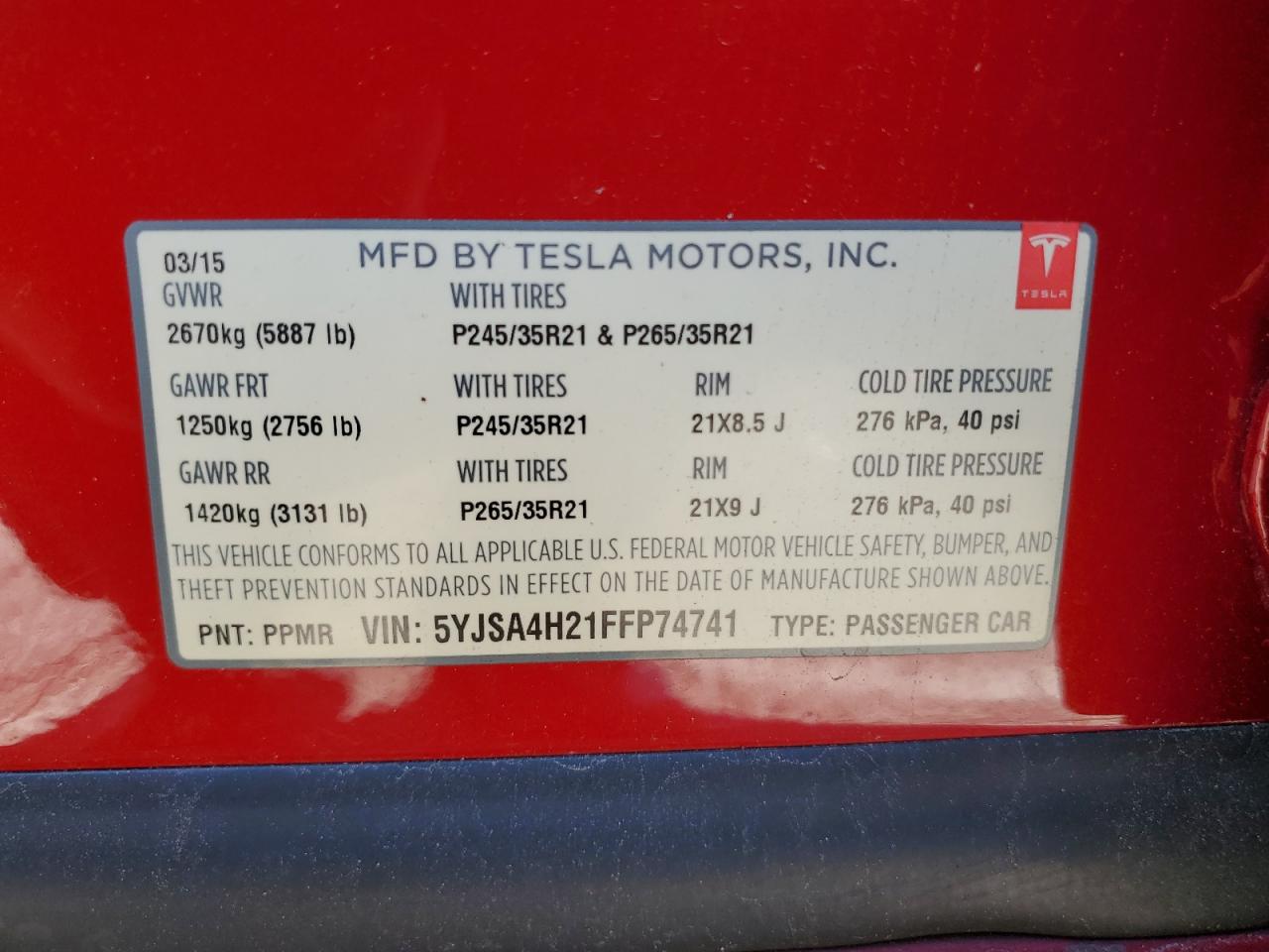 2015 Tesla Model S 85D VIN: 5YJSA4H21FFP74741 Lot: 87225465