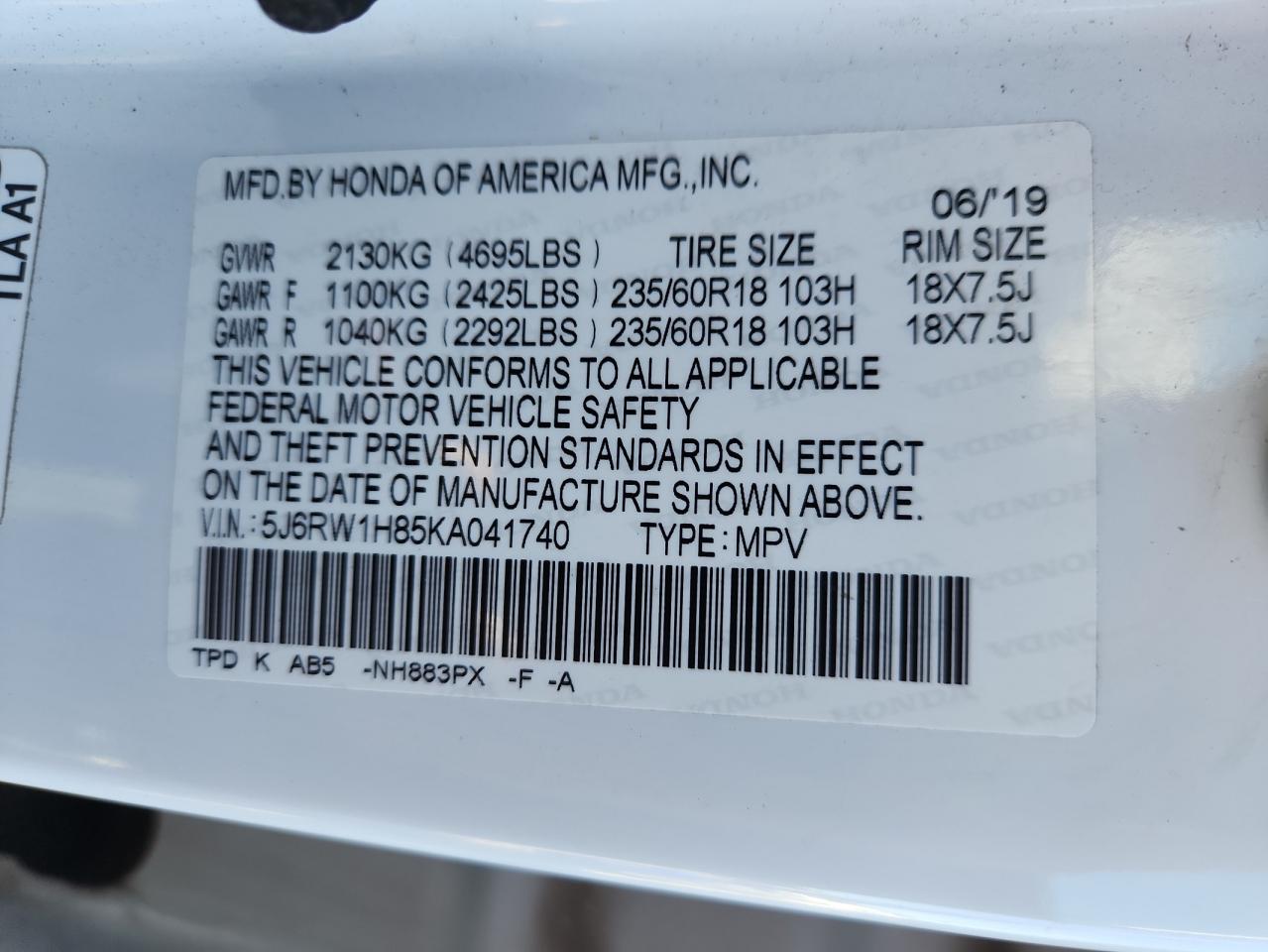 2019 Honda Cr-V Exl VIN: 5J6RW1H85KA041740 Lot: 85586635