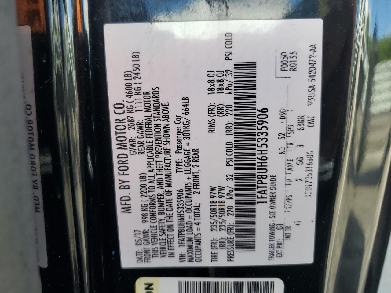 2017 Ford Mustang VIN: 1FATP8UH6H5335906 Lot: 86061595