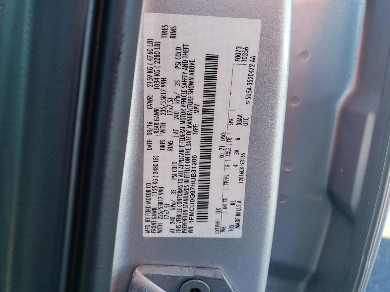 2017 Ford Escape Se VIN: 1FMCU0G97HUB31206 Lot: 90382595