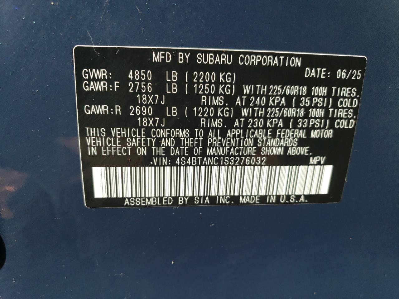 2025 Subaru Outback Limited VIN: 4S4BTANC1S3276032 Lot: 85694975