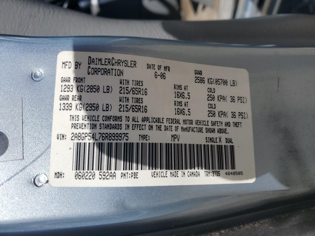 2006 Chrysler Town & Country Touring VIN: 2A8GP54L76R899975 Lot: 85157765