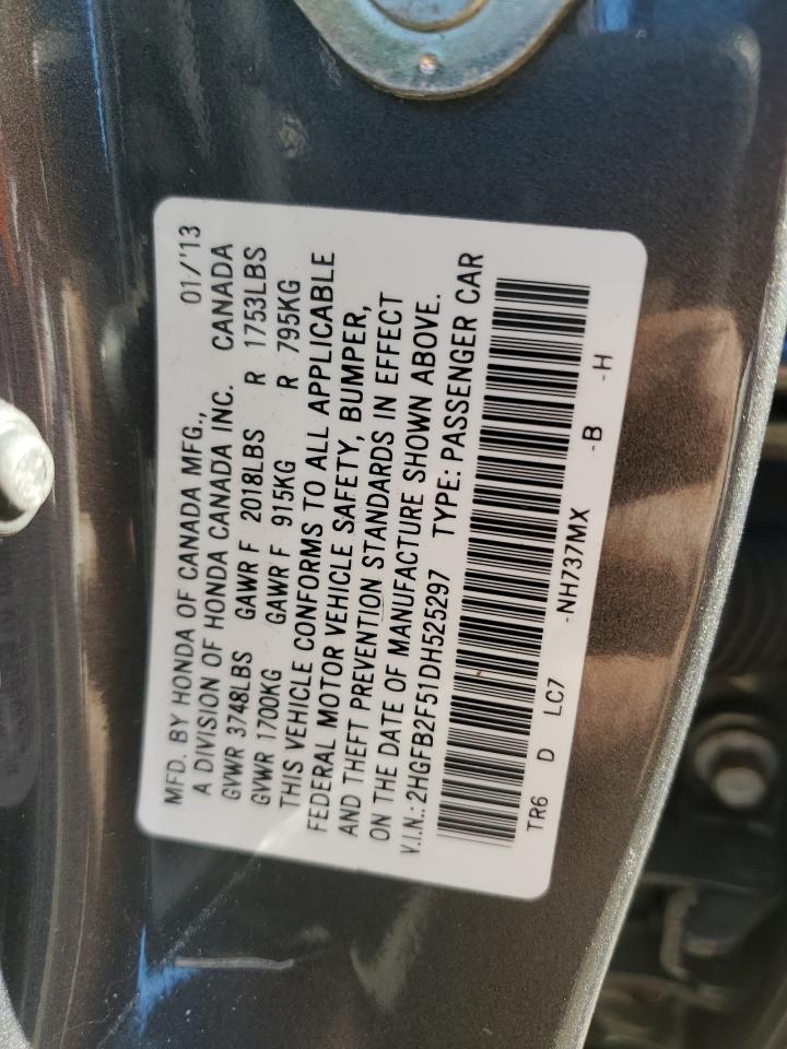 2013 Honda Civic Lx VIN: 2HGFB2F51DH525297 Lot: 85935105