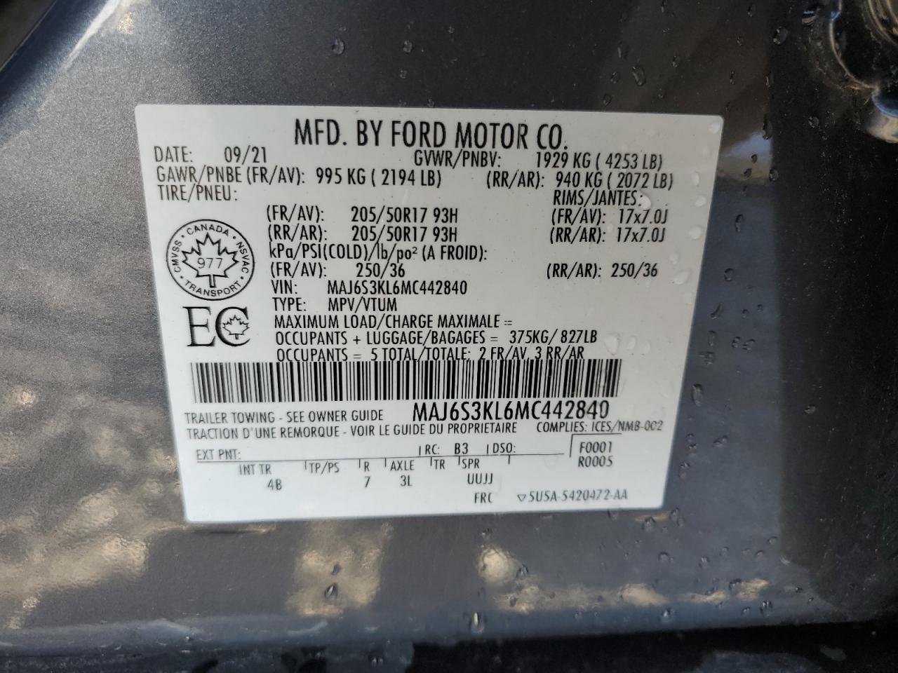 2021 Ford Ecosport Titanium VIN: MAJ6S3KL6MC442840 Lot: 86253445