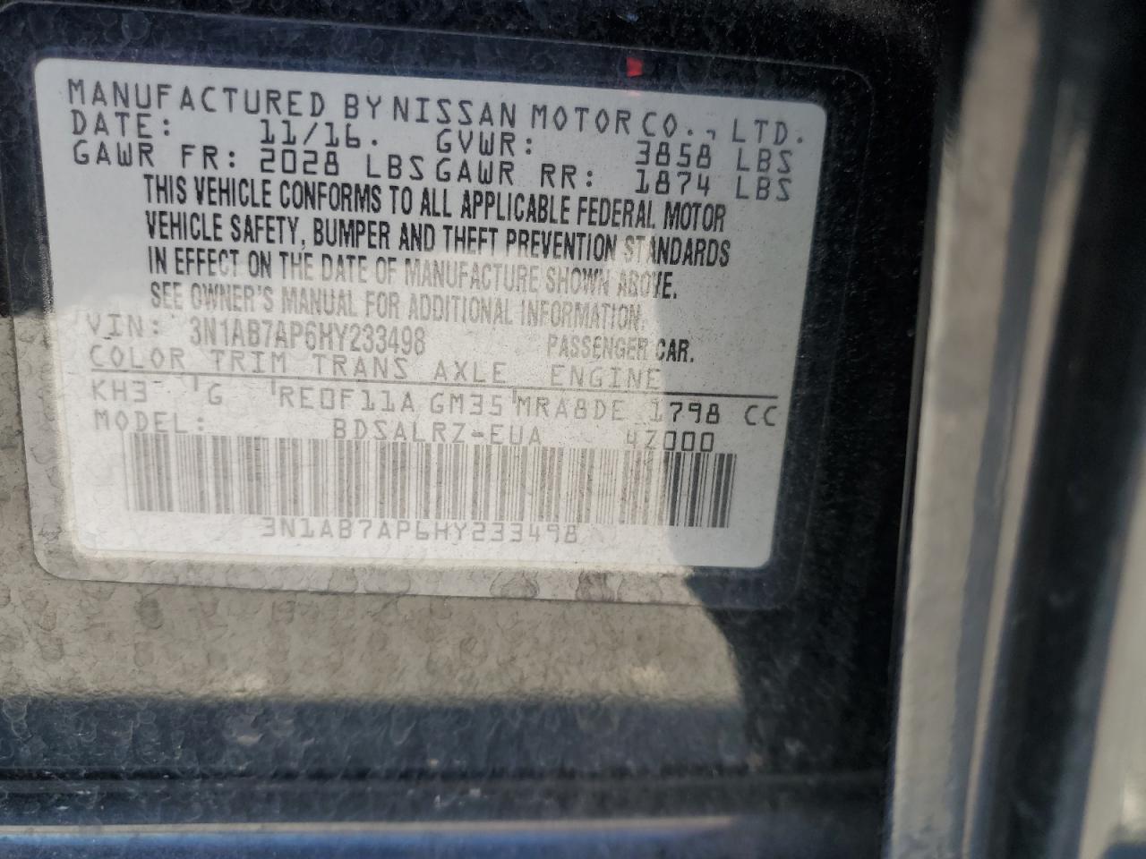 2017 Nissan Sentra S VIN: 3N1AB7AP6HY233498 Lot: 85752845