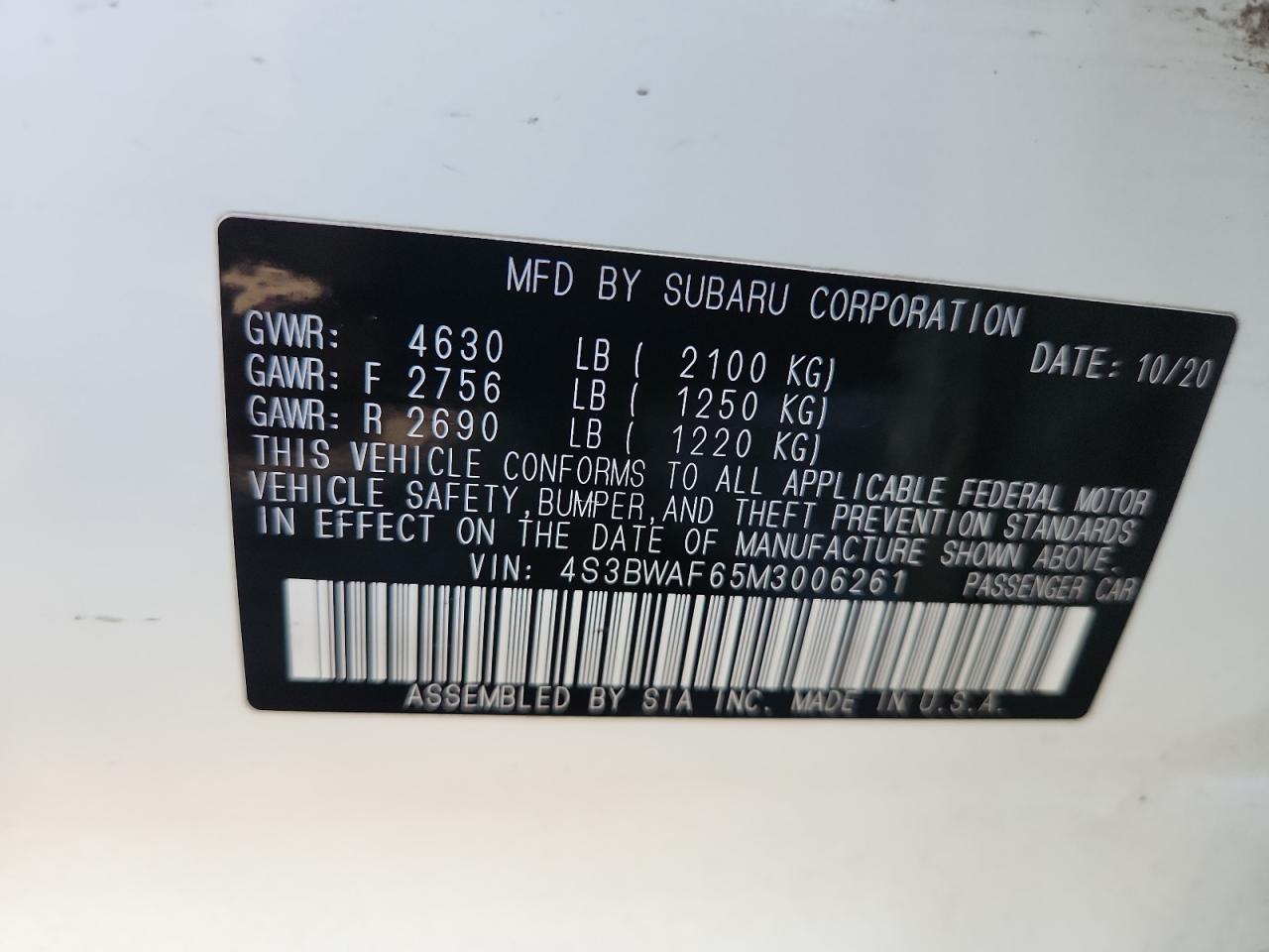 2021 Subaru Legacy Premium VIN: 4S3BWAF65M3006261 Lot: 85206445