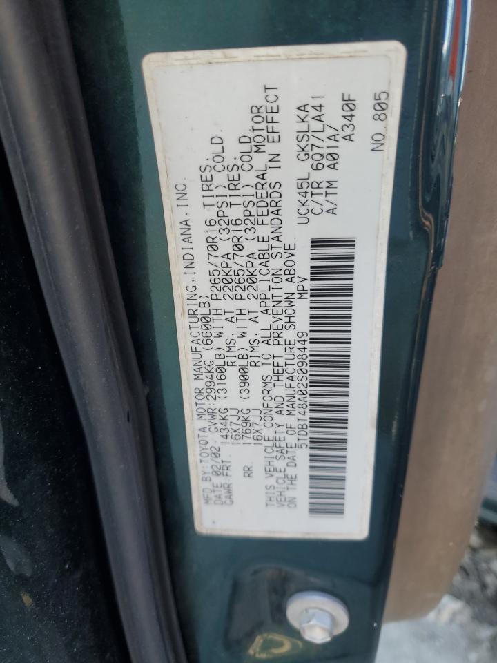 2002 Toyota Sequoia Limited VIN: 5TDBT48A02S098449 Lot: 85860915