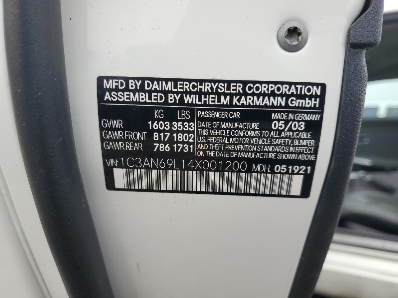 2004 Chrysler Crossfire Limited VIN: 1C3AN69L14X001200 Lot: 87442445