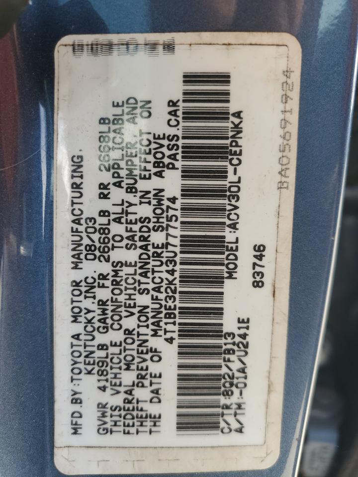 2003 Toyota Camry Le VIN: 4T1BE32K43U777574 Lot: 84628155