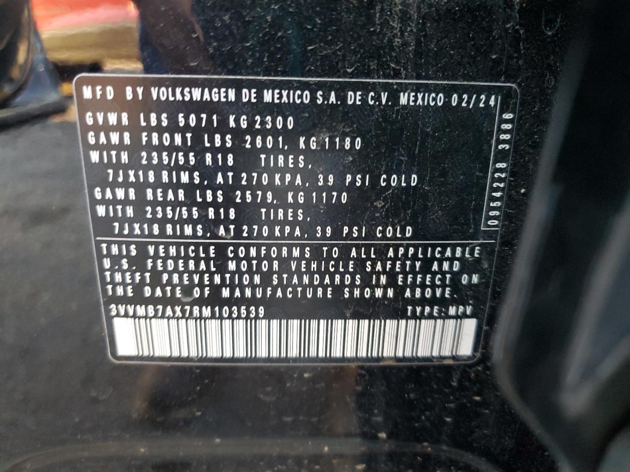 2024 Volkswagen Tiguan Se VIN: 3VVMB7AX7RM103539 Lot: 85879735