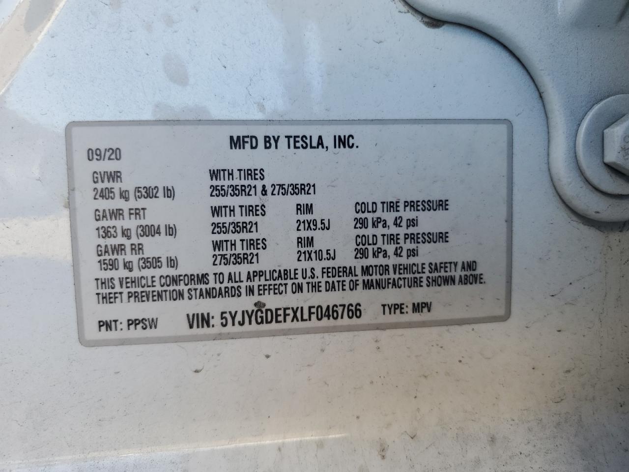 2020 Tesla Model Y VIN: 5YJYGDEFXLF046766 Lot: 86150525