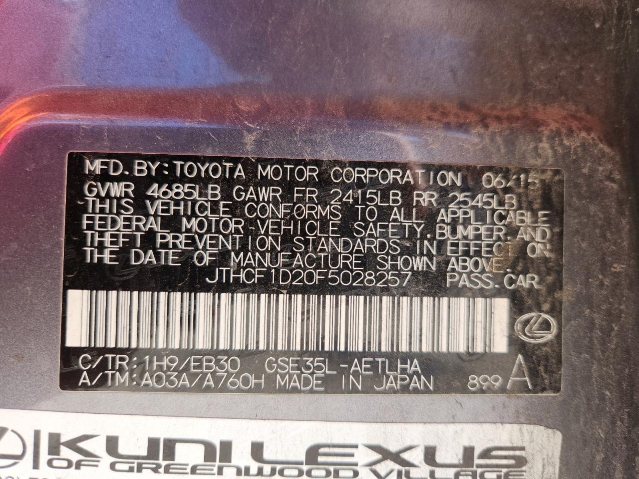 2015 Lexus Is 250 VIN: JTHCF1D20F5028257 Lot: 82691955