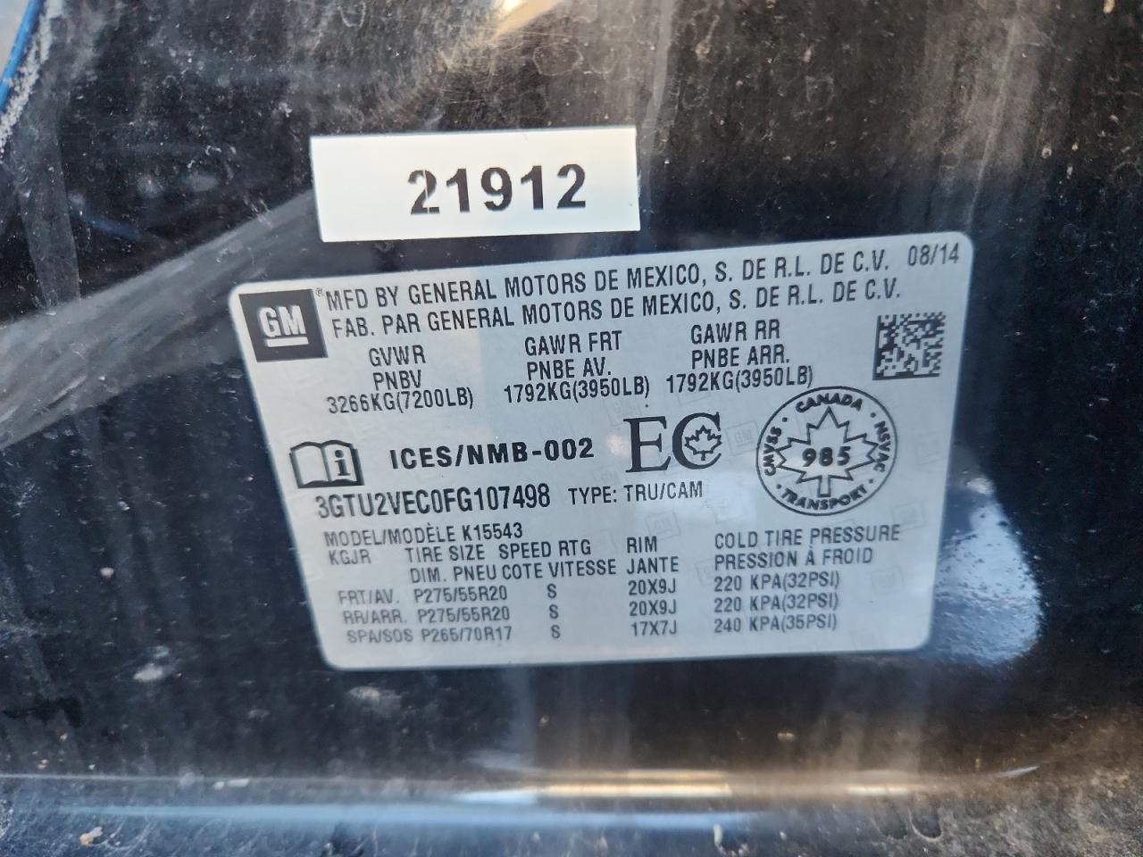 2015 GMC Sierra K1500 Slt VIN: 3GTU2VEC0FG107498 Lot: 90053625