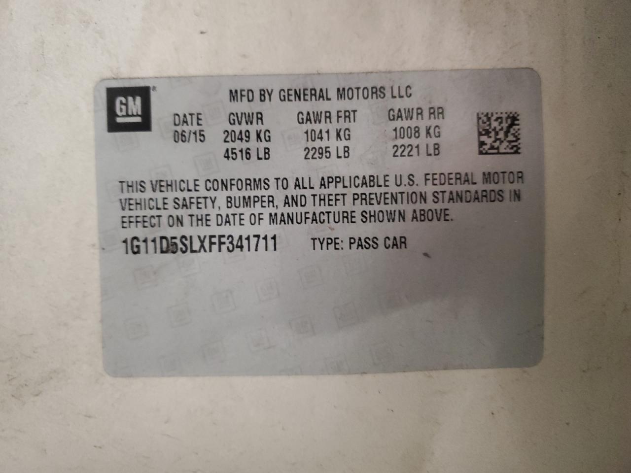 2015 Chevrolet Malibu 2Lt VIN: 1G11D5SLXFF341711 Lot: 81879525