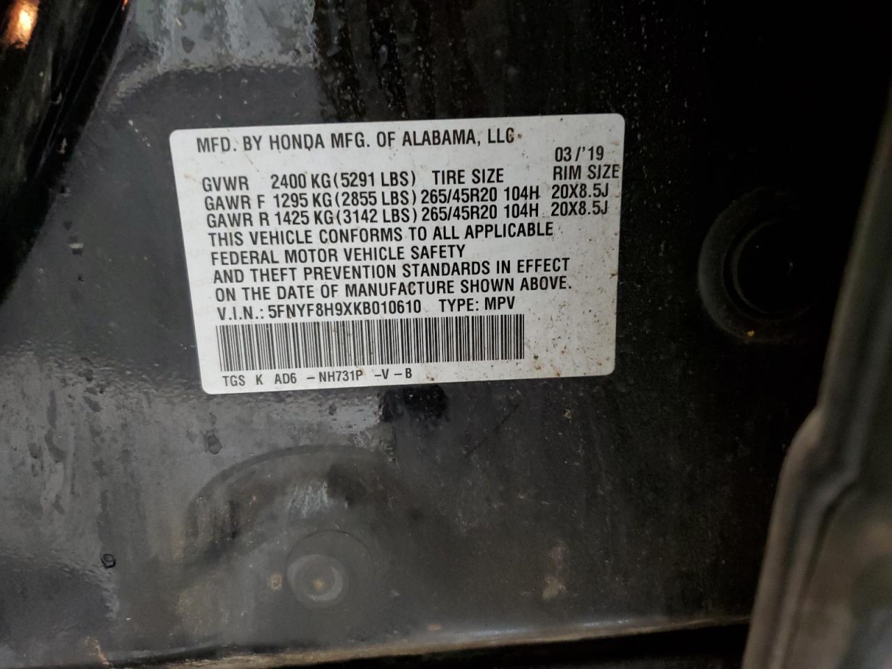 2019 Honda Passport Touring VIN: 5FNYF8H9XKB010610 Lot: 90540495