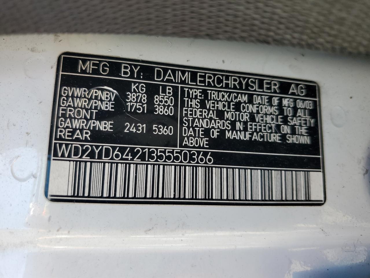 2003 Dodge Sprinter 2500 VIN: WD2YD642135550366 Lot: 85097265