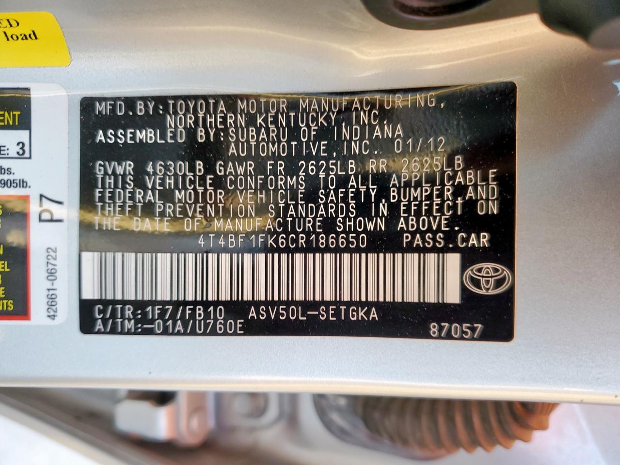 2012 Toyota Camry Base VIN: 4T4BF1FK6CR186650 Lot: 85371005