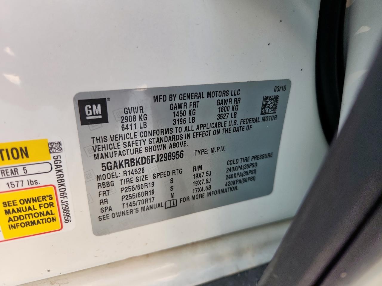 2015 Buick Enclave VIN: 5GAKRBKD6FJ298956 Lot: 71988825