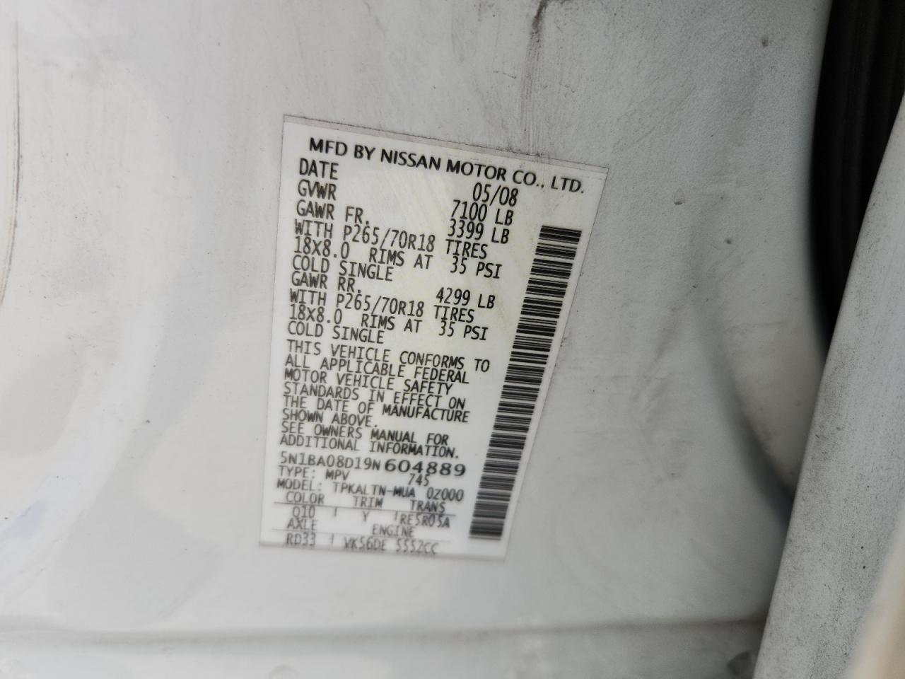2009 Nissan Armada Se VIN: 5N1BA08D19N604889 Lot: 82304535