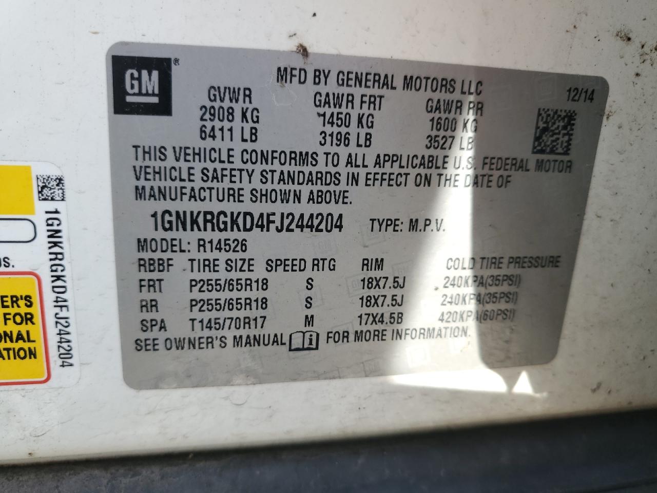 2015 Chevrolet Traverse Lt VIN: 1GNKRGKD4FJ244204 Lot: 82188905