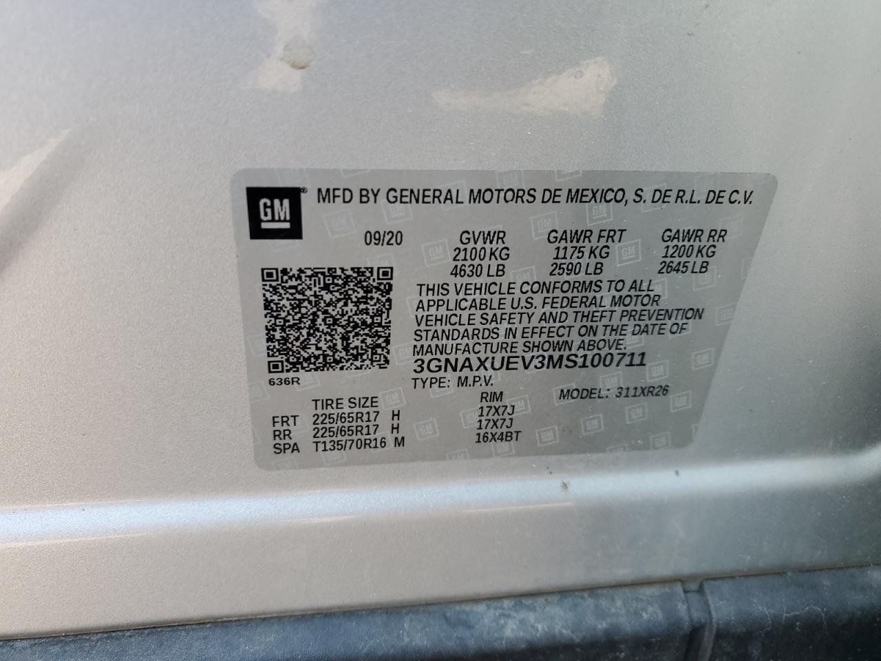 2021 Chevrolet Equinox Lt VIN: 3GNAXUEV3MS100711 Lot: 82684035