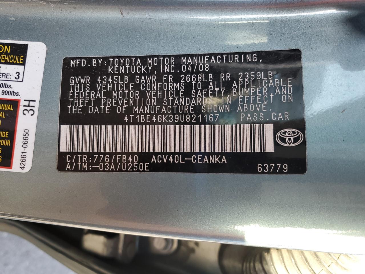 2009 Toyota Camry Base VIN: 4T1BE46K39U821167 Lot: 82222085