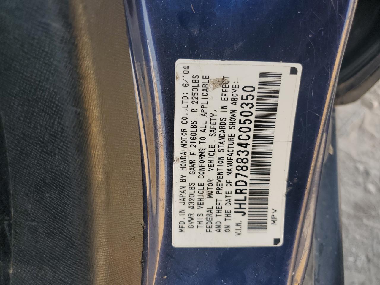 2004 Honda Cr-V Ex VIN: JHLRD78834C050350 Lot: 86841585