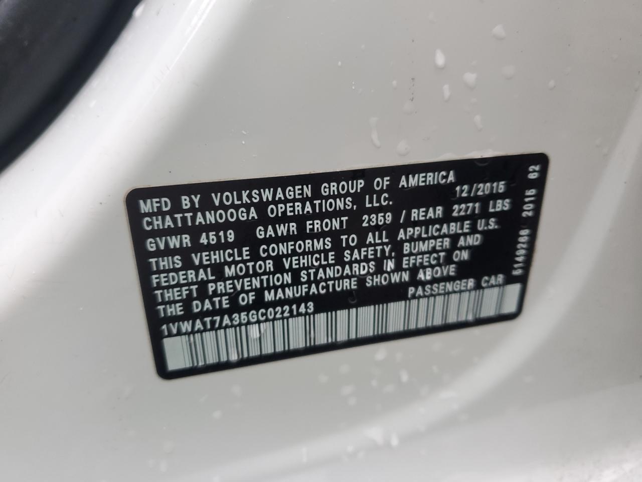 2016 Volkswagen Passat S VIN: 1VWAT7A35GC022143 Lot: 86488995