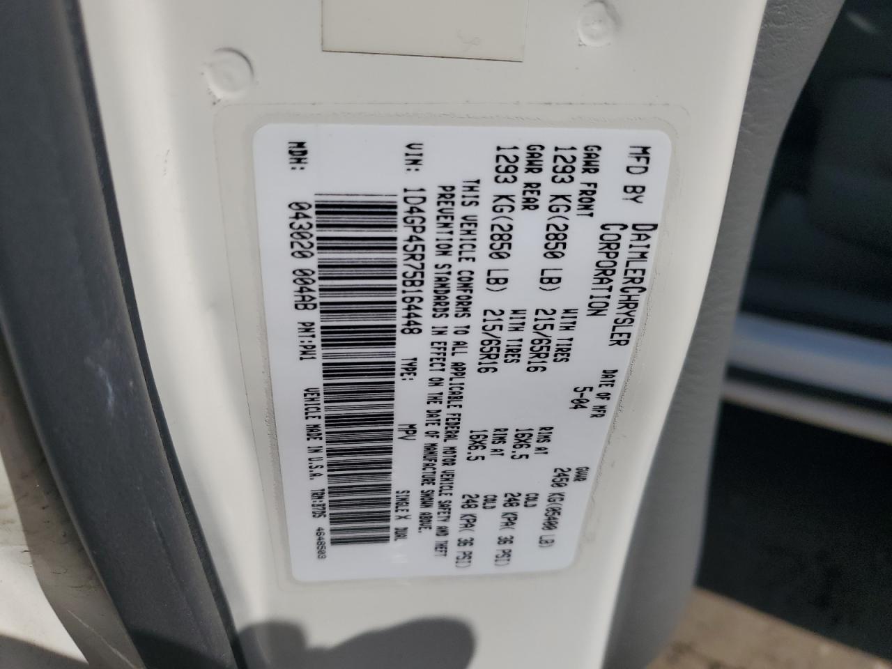 2005 Dodge Caravan Sxt VIN: 1D4GP45R75B164448 Lot: 84948935