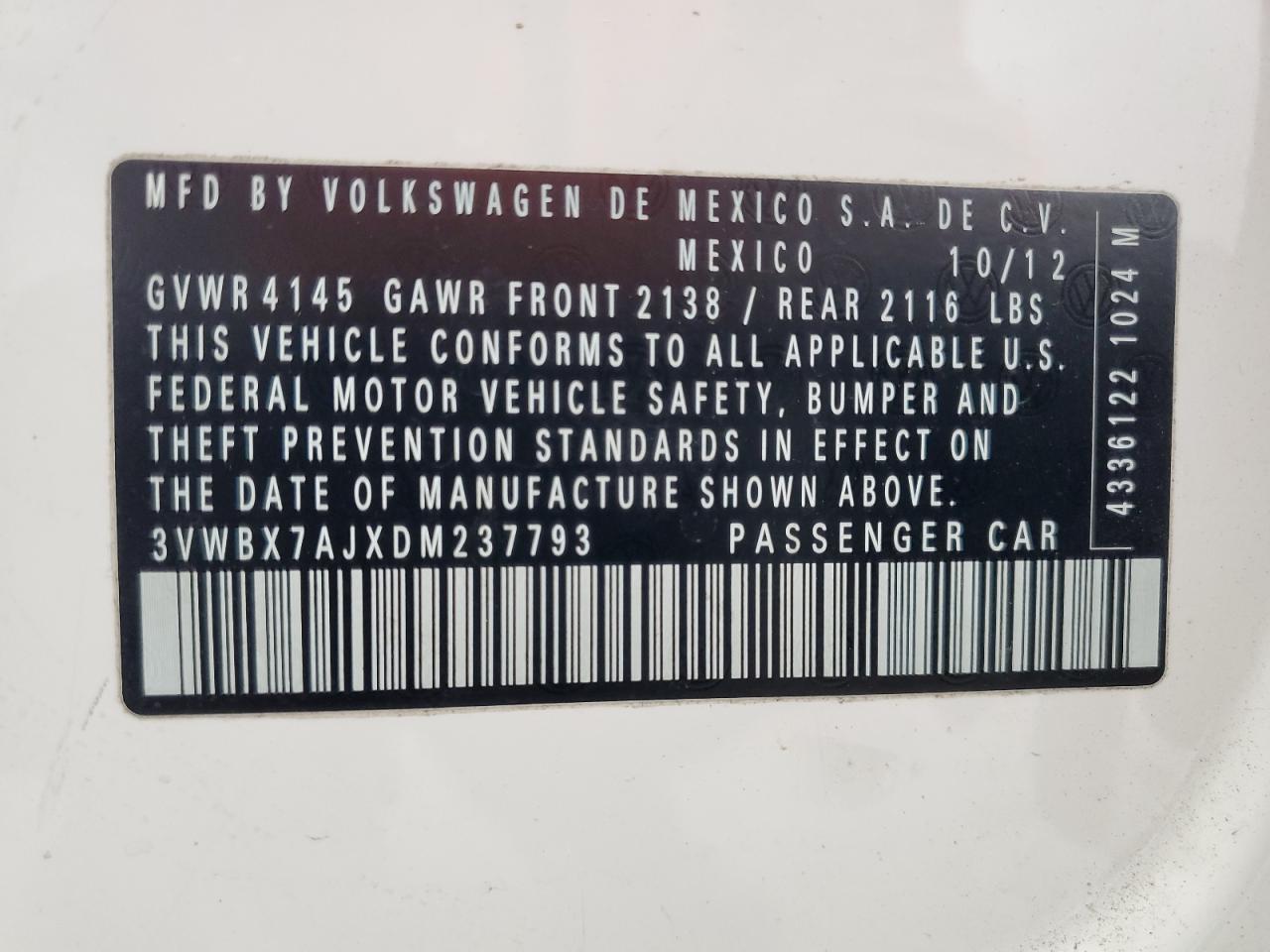 2013 Volkswagen Jetta Se VIN: 3VWBX7AJXDM237793 Lot: 85594385