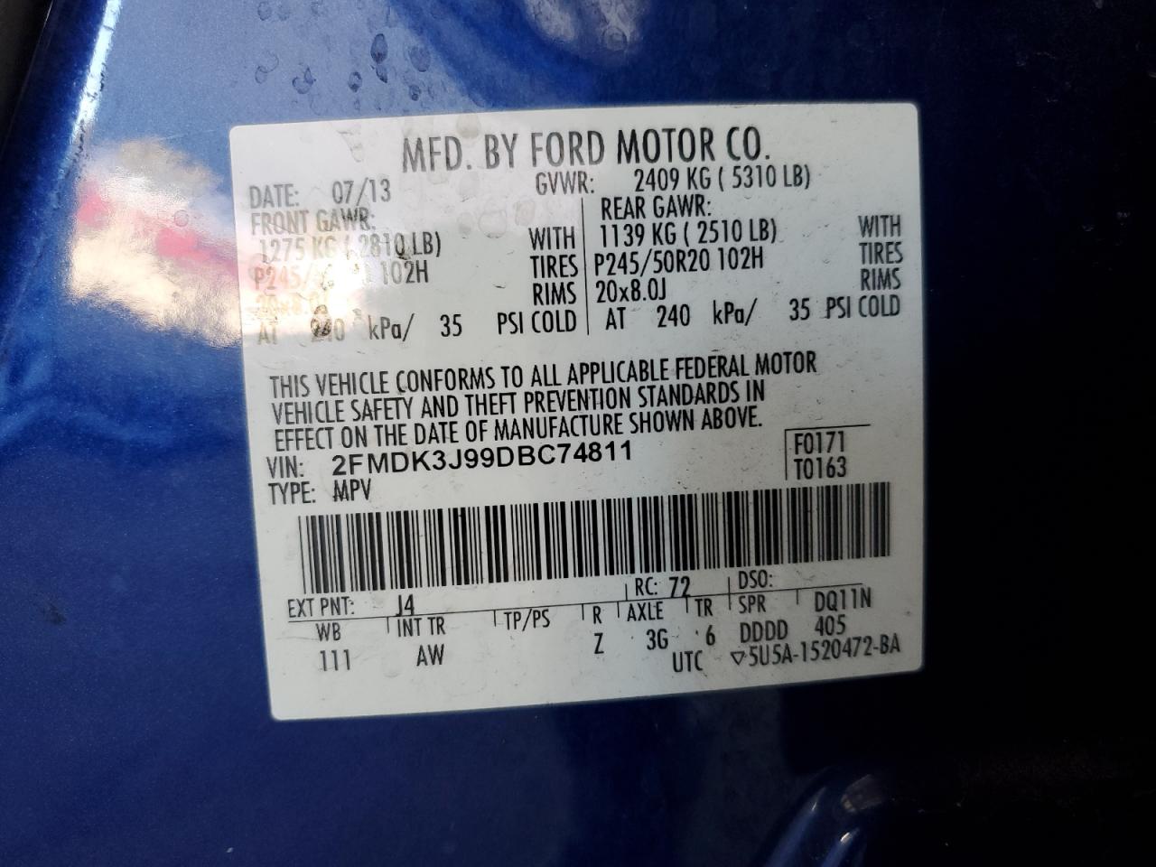 2013 Ford Edge Sel VIN: 2FMDK3J99DBC74811 Lot: 86316645