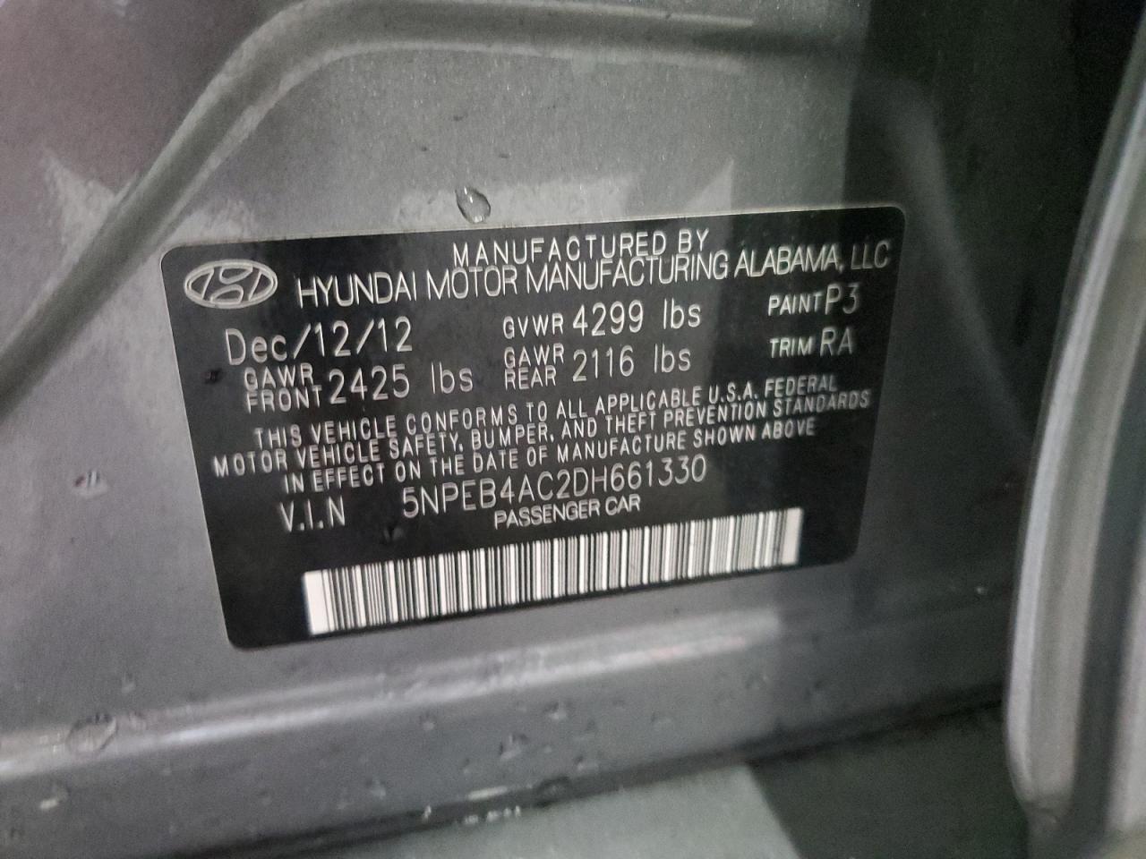 2013 Hyundai Sonata Gls VIN: 5NPEB4AC2DH661330 Lot: 84732365