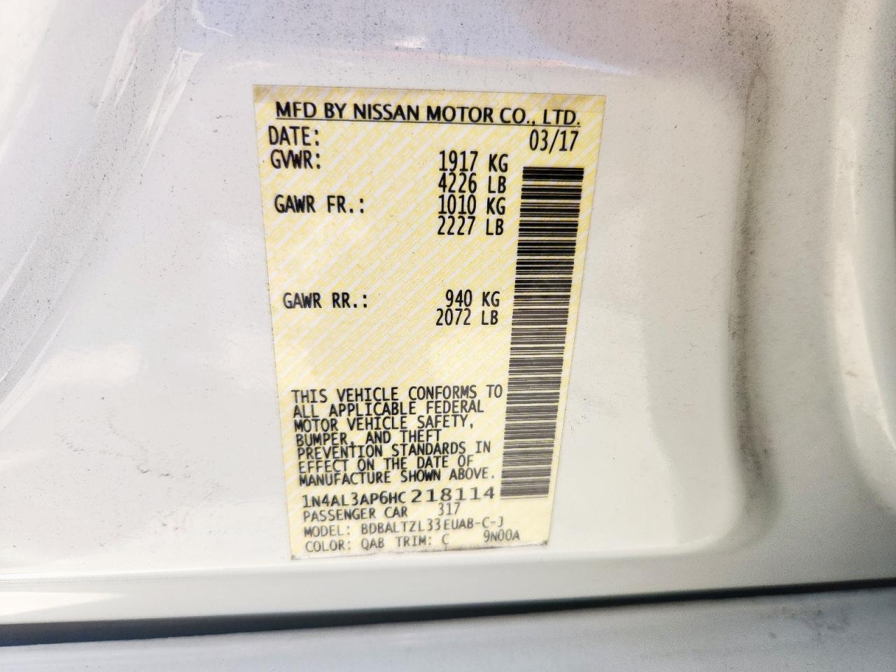 2017 Nissan Altima 2.5 VIN: 1N4AL3AP6HC218114 Lot: 86249785