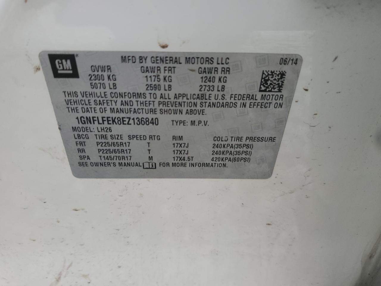 2014 Chevrolet Equinox Lt VIN: 1GNFLFEK8EZ136840 Lot: 85284575