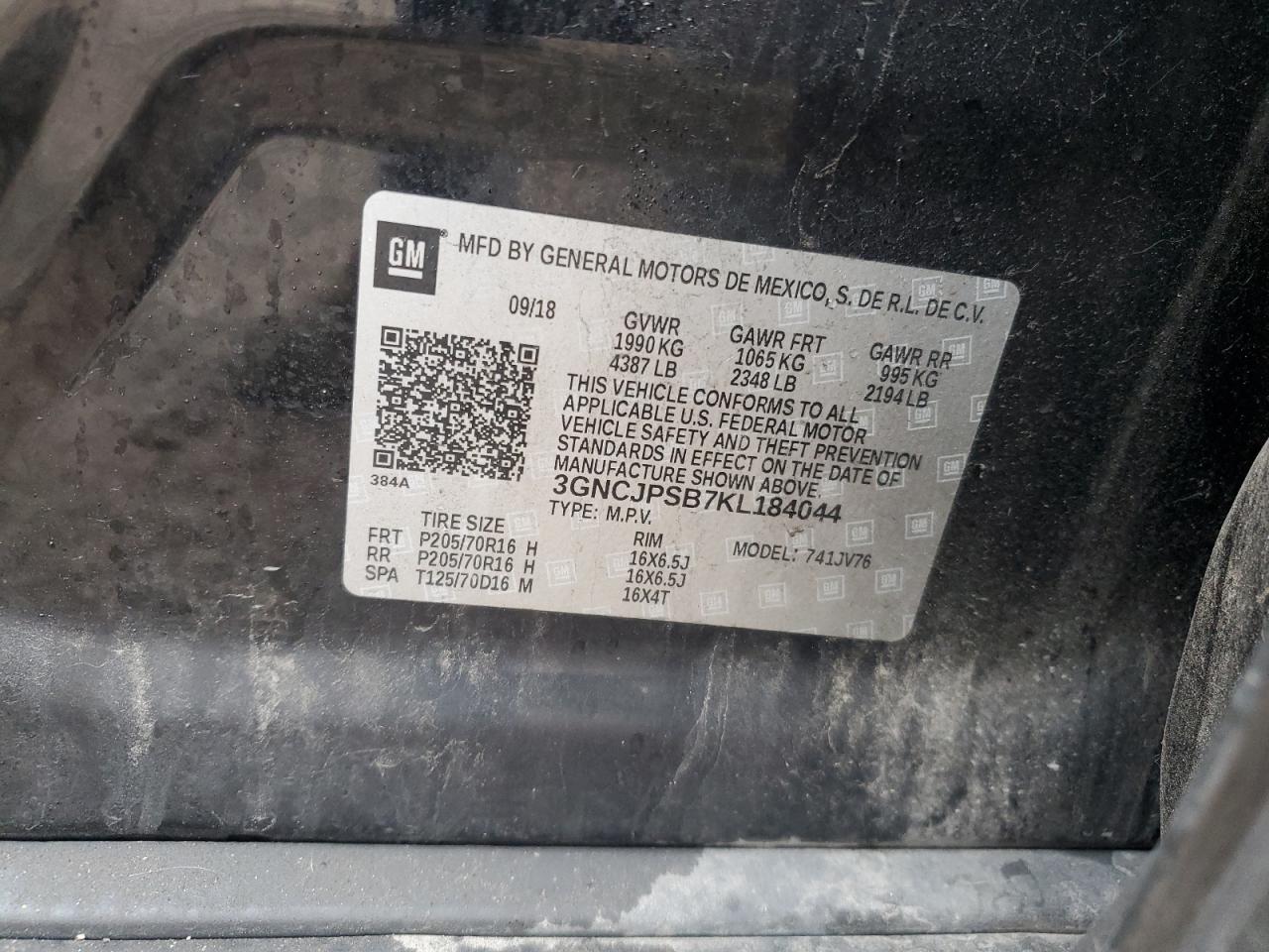 2019 Chevrolet Trax 1Lt VIN: 3GNCJPSB7KL184044 Lot: 86590285